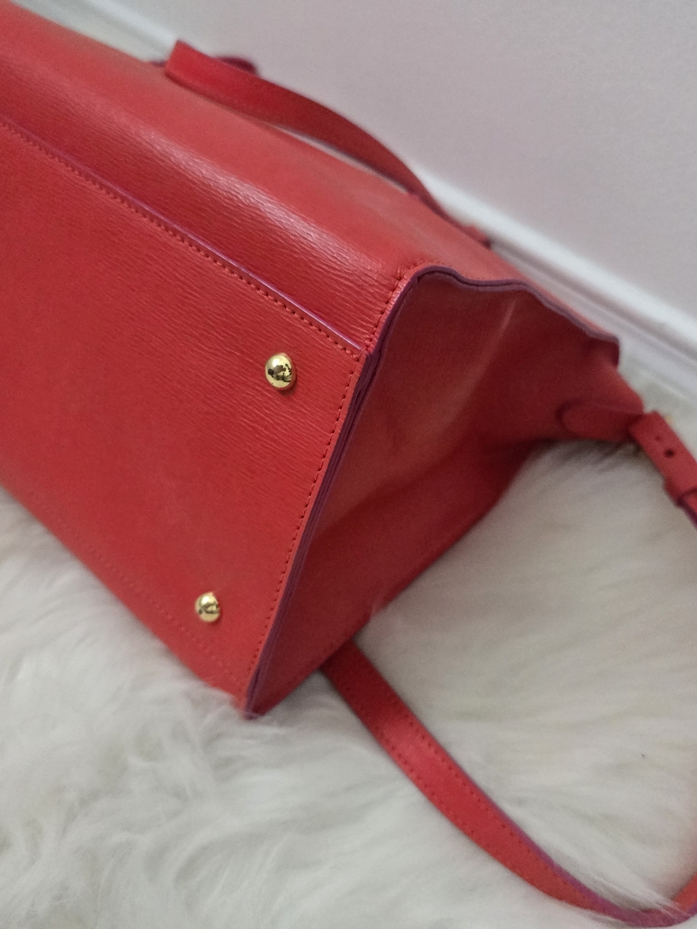 Lauren Ralph Lauren Leather Satchel Crossbody Coral Red Gold Hardware - Picture 6 of 11